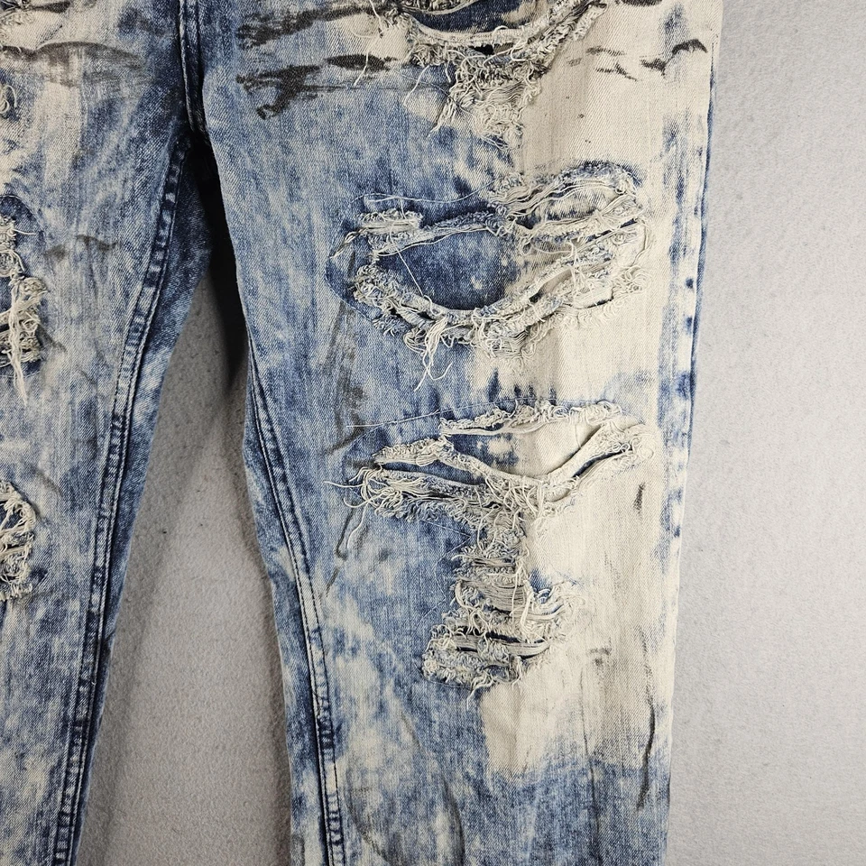 Pantalones de mezclilla ajustados rasgados desgastados lavado ácido azul blanco Lion Dynasty para hombre 36 Foto 3 de 4