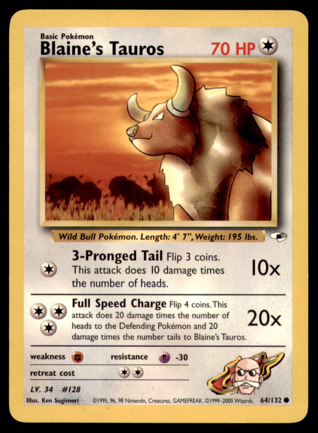 Blaine's Tauros 64/132 Gym Heroes 2000 Ken Sugimori Unlimited LP