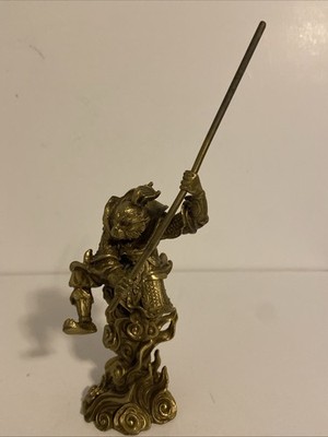 8'' China Myth Bronze Sun Wukong Monkey King Hold Stick Fight Statue