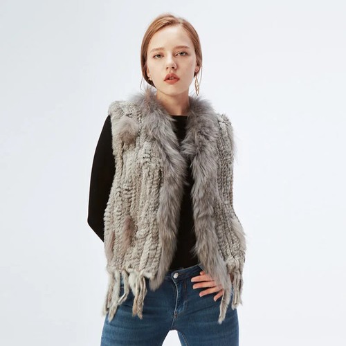 Real Knit Rabbit Fur Vest Gilet Jacket Fur Collar Waistcoat Handmade Tassel - Picture 5 of 12