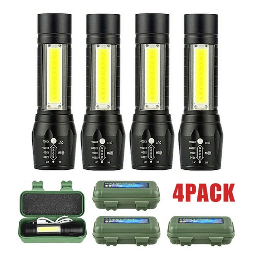 4 x COB LED Torch USB Rechargeable Tactical Flashlight Zoomable Small Mini Lamp