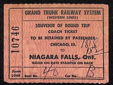 Grand Trunk Railway Souvenir Ticket Stub 1958 Chicago Niagara Falls Bloomquist*