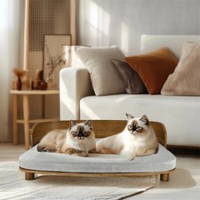 S/M Wooden Frame Pet Sofa Bed Elevated Dog Cat Sofa w/ Soft Comfortable Cushion