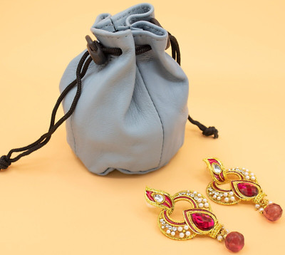 Genuine Leather Drawstring Pouch Bag for Women Round Coin Makeup Bag