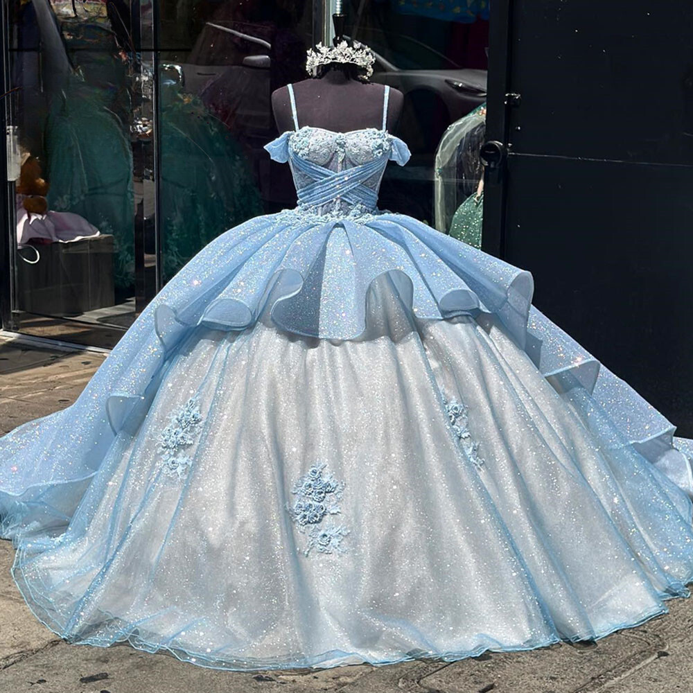 sky blue fashion dresses 3D Flower Off the Shoulder Light Blue Prom Dresses with Pockets FD2106 –  Viniodress main image 1
