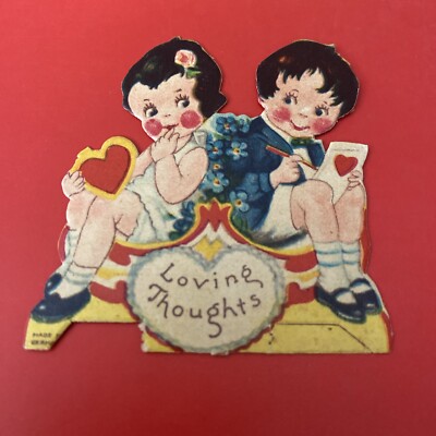 VTG Die-cut Valentine Rosy Cheeked Boy Writing Love Letter To Girl