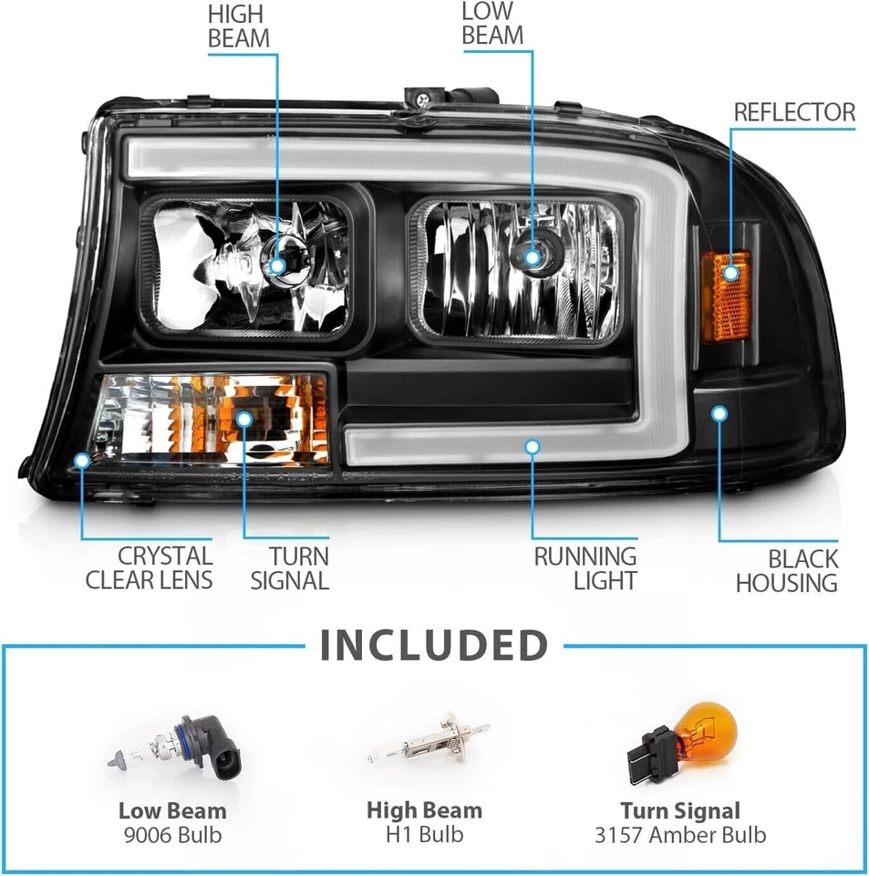 Fits 1997-2004 Dodge Dakota Durango Black LED C-Type LED Headlights LH+RH 2Pcs - Image 4 of 4