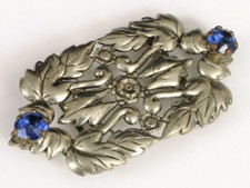 ANTIQUE ART NOUVEAU SILVER PLATED BRASS BELT BUCKLE BLUE RHINESTONES ORNATE