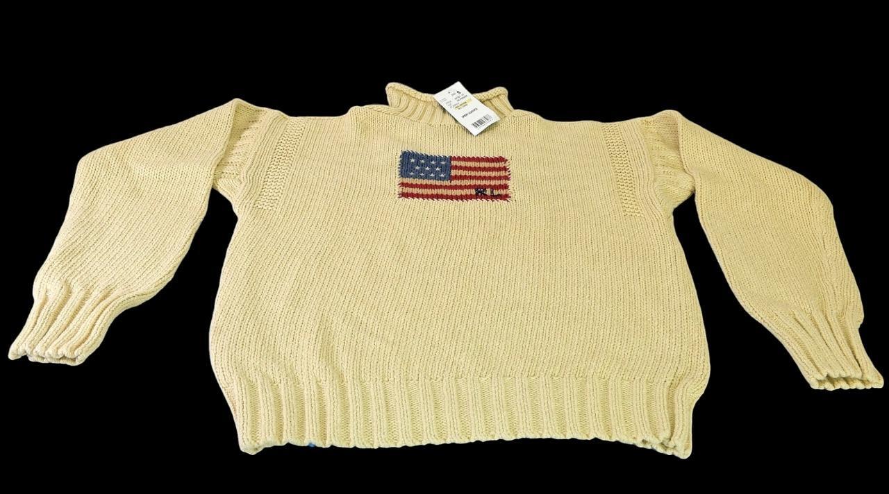 NWT Vintage Ralph Lauren Hand Knit Rolled Funnelneck Sweater American Flag image 10