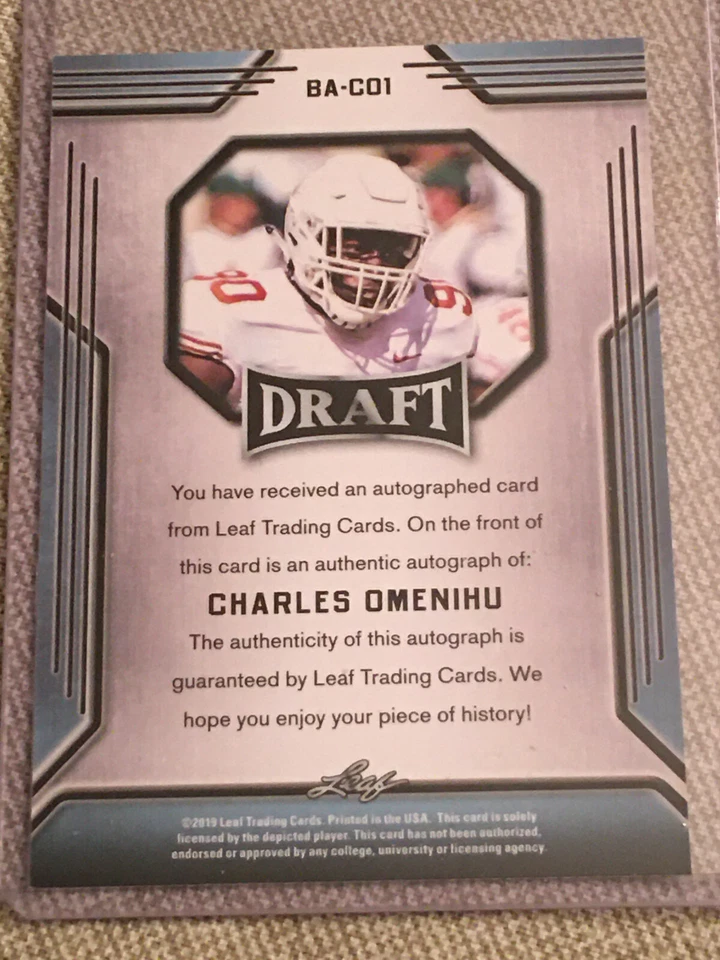 CHARLES OMENIHU 2019 LEAF DRAFT AUTOGRAPH CARD TEXANS TEXAS LONGHORNS, KC CHIEFS - Image 2 of 2