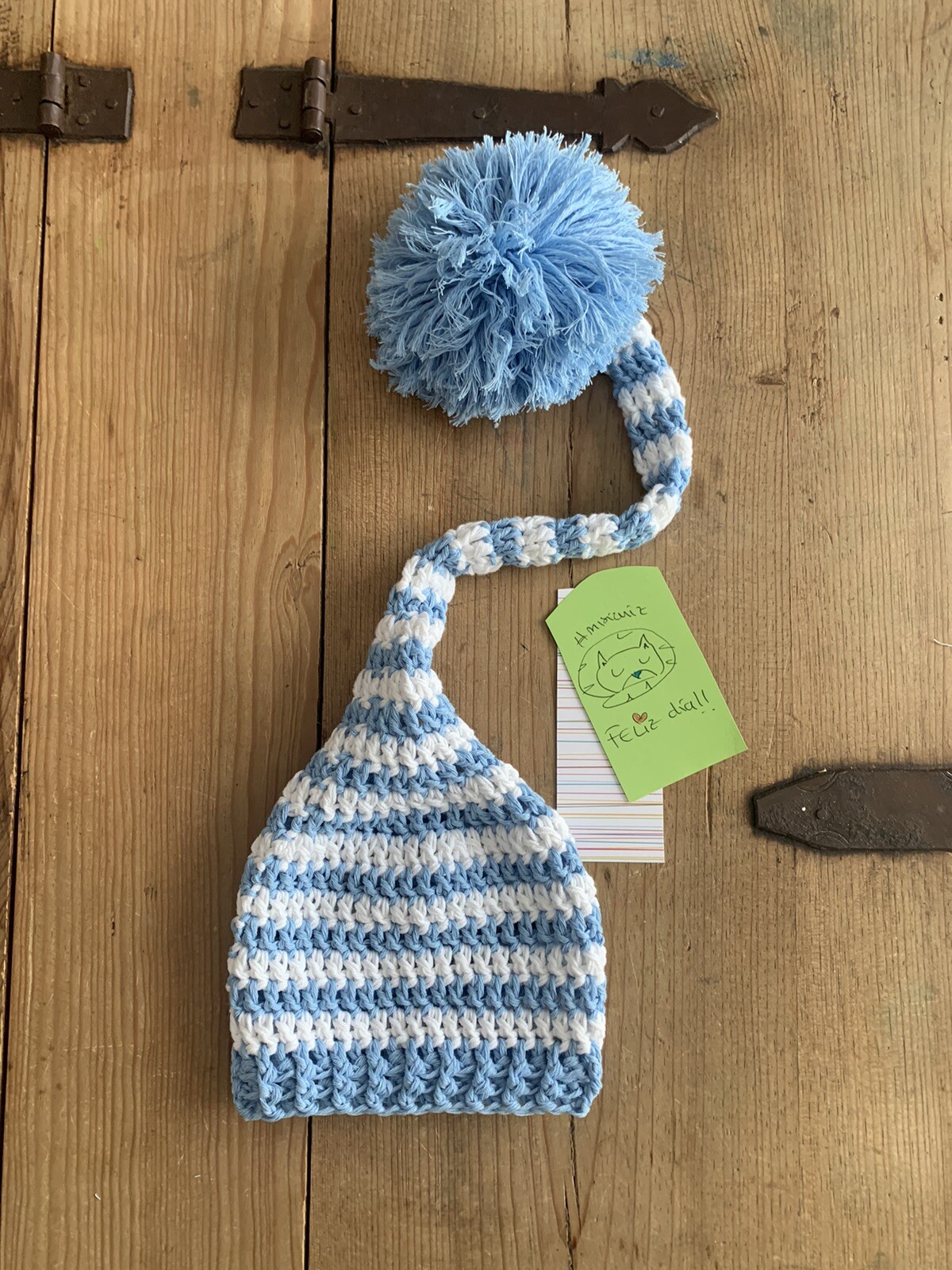 Gorro Tipo Elfo Duende Artesanal Nuevo Adorno Azul Blanco Crochet Conjunto Bebe
