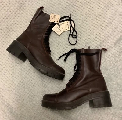 Zara Burgundy Lace Up Leather Boots size u.k 7 (40) - Image 1 of 2