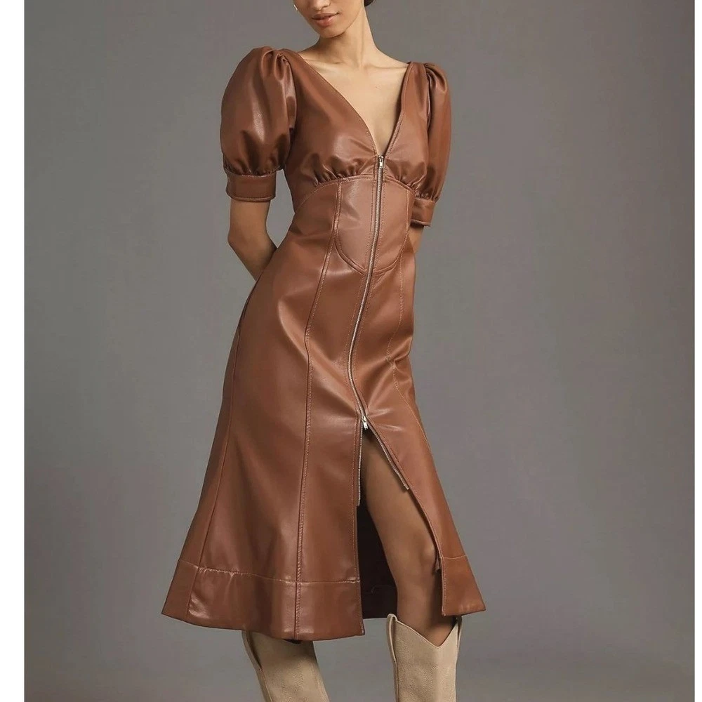 faux leather dress v neck midi with tie shirt under Lovette Faux Leather Midi Dress in Black