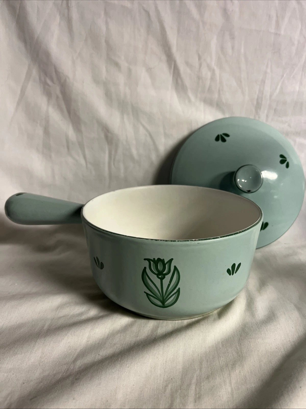 Vintage DRU Holland Green Tulip Pot w/ Handle and Lid # 16