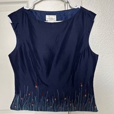 100 Silk Navy Floral Embroidered Beaded Sleeveless Blouse Size 8