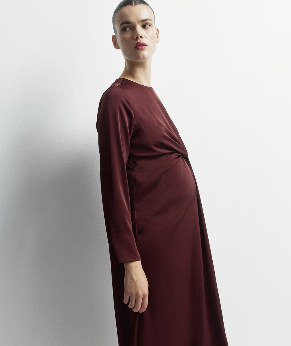 chinese dress ladies Knit Long Sleeve Maternity Midi Dress Red Plum / Large