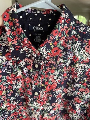Chaps No Iron Button Up Shirt Navy Pink Ditsy Floral Polka Dot Flip Cuff Size 1X