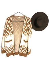 BiBi Tan White Aztec Cardigan Sweater Fuzzy Pockets Pattern Open Front Small NEW