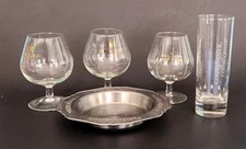 Courvoisier Cognac Lot Of 5 Barware Snifter, Highball Glass Bottle Holder Tray