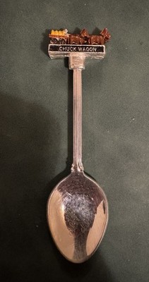 Vintage Souvenir Löffel bemalt versilberter Griff Spannfutterwagen 4 Pferde. Sehr guter Zustand