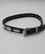 Vtg BLACK LEATHER OVAL SILVER CONCHO BELT WITH MATCHING BUCKLE Size - S - 32.5"