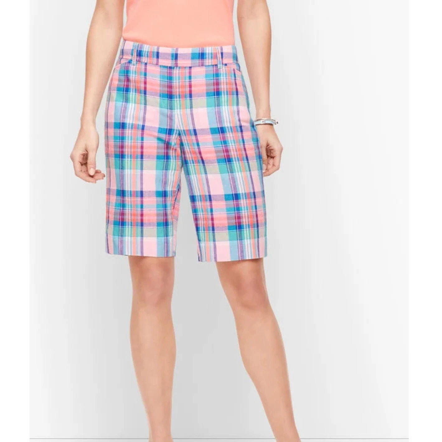 Talbots Womens 10 Petite Madras Multi Plaid Linen Blend Bermuda Perfect Shorts