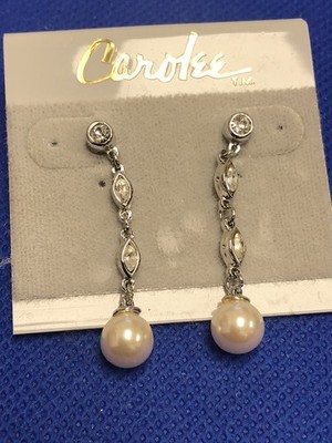CAROLEE UNSIGNED SILVER TONE FAUX PEARLS RHINESTONES DANGLE STUD EARRINGS NWT