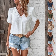 Lace V-neck T-shirt Summer Fashion Short-sleeved Blouse Shirt Women's Solid Colo