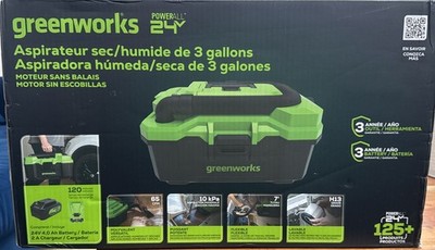 Greenworks 24V 3 Gallon Battery Wet/Dry Vacuum Cleaner, w/ 4Ah Battery & Charger