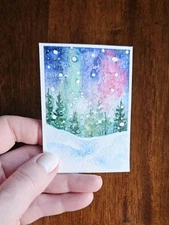 Watercolor ACEO – Winter Night Sky & Northern Lights Over Snowy Trees Mini Art