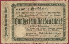 Reichsbahn Hannover P-S1258 100 Milliarden Mark KN schwarz (1923) Belegst&uuml;ck