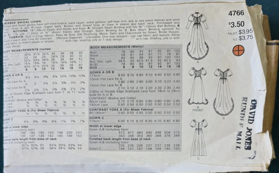 1980s Leg Mutton Balloon Sleeve Wedding Dress Butterick 4766 Sewing Pattern - Image 3 of 3