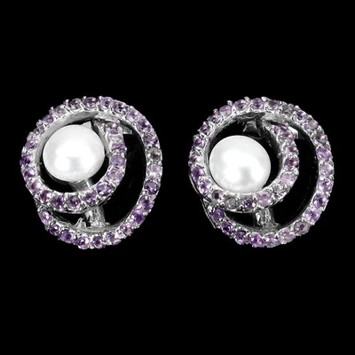 925 Sterlingsilber Ohrringe Runde Amethyst Perle Natürlicher Edelstein Schmuck - Bild 1 von 4