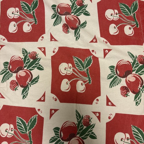 Vintage Baumwolle bunte Sommer Tischdecke mit Sommer Obst rot & weiß auf Etikett 58" x 78"