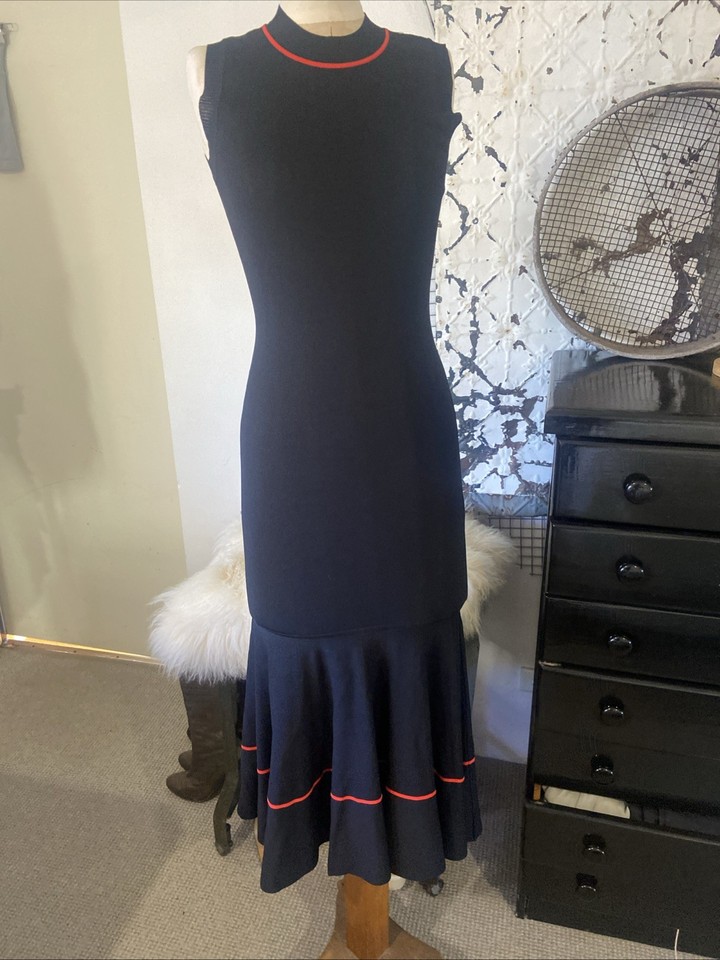 Leo Lin Black Knitted Sleeveless Maxi Dress Fitted & Flared Full Skirt Size Sml