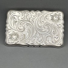 Diablo Sterling Silver Western Buckle Engraved Flowers  Plumes Rockabilly 3"x2"