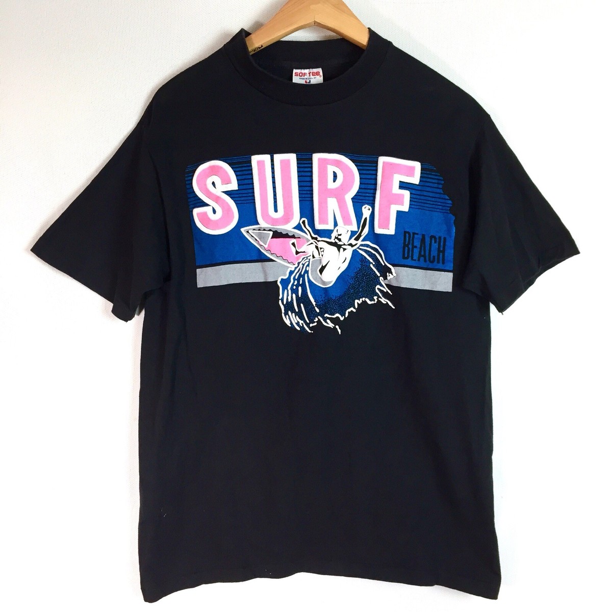Surf Beach California T Shirt Vtg Softee Tee Jays 90s Black Single