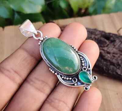 Real Green Jade Gemstone Pendant 925 Sterling Silver Gift For Her Gift Woman MK*