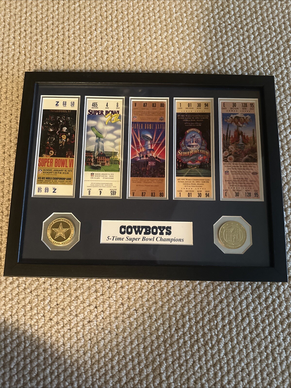 Dallas Cowboys 5-Time Super Bowl Champion Game Tickets Display Frame