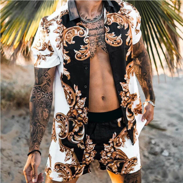 Button Down Shirt Men Black White Gold Baroque Beach Party Top Shorts Pants SET