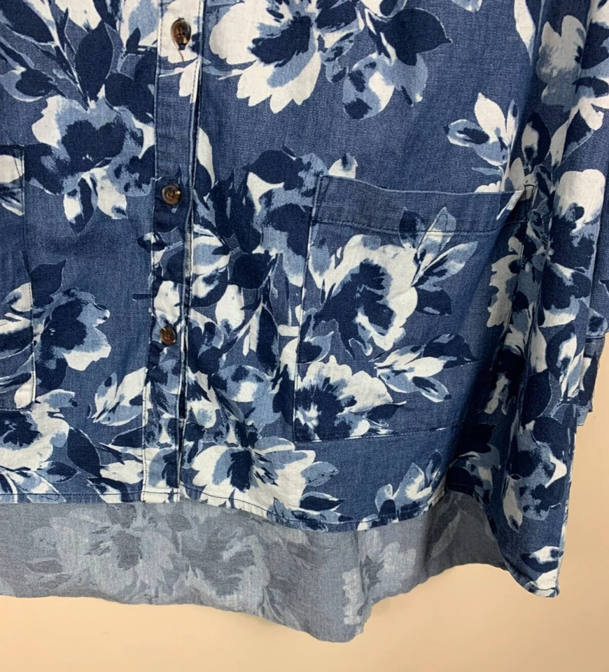 Camisa Isaac Mizrahi Live Azul Floral Manga Larga Botón Delantero Dobladillo Alto-Lo Talla 22W Foto 4 de 4