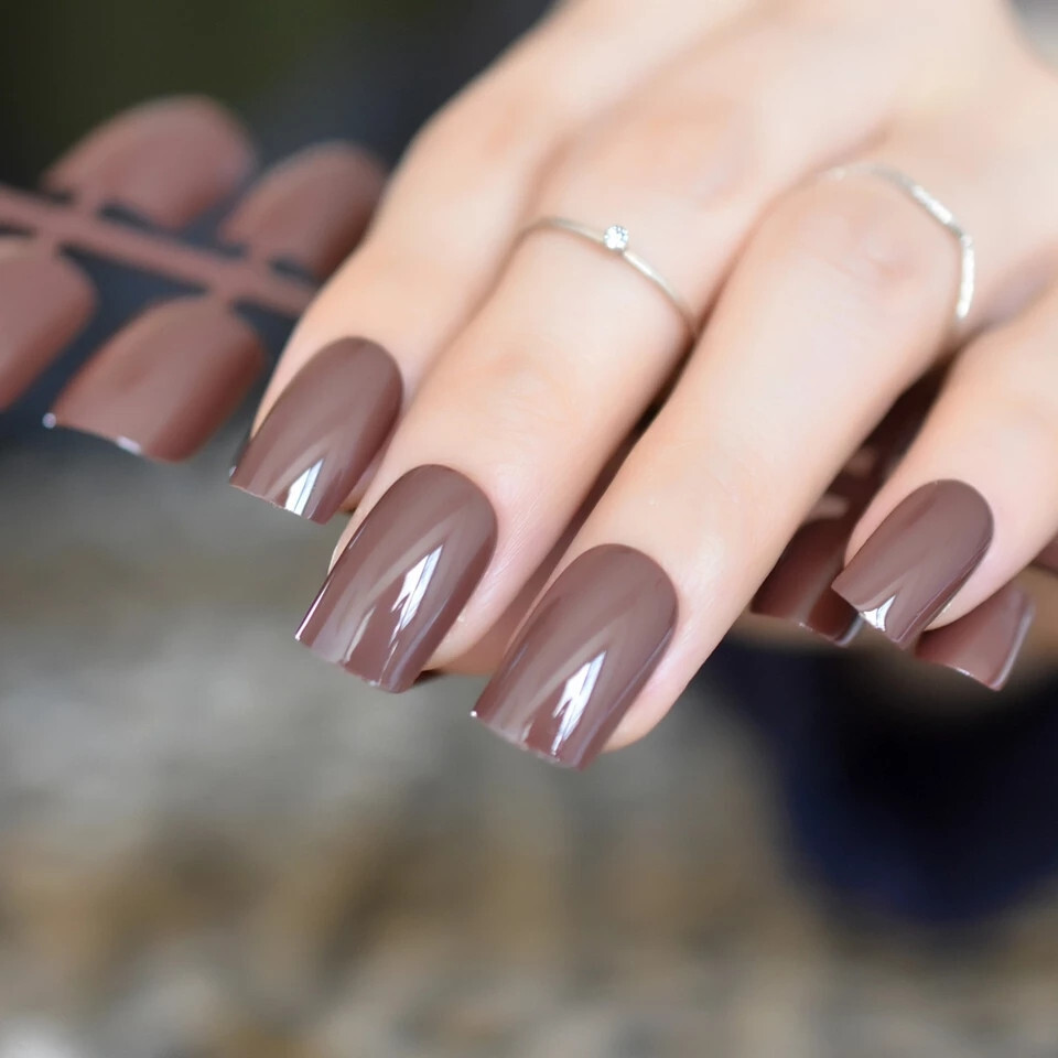 24 Medium Press on nails kit w glue hershey chocolate brown square fall ...