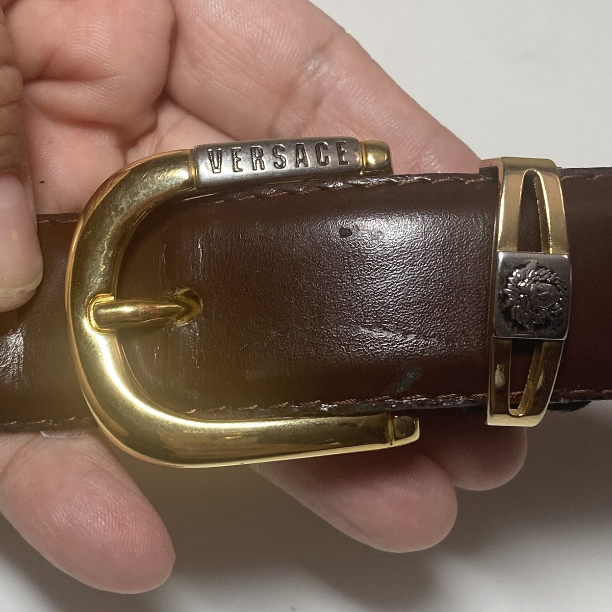 Vintage Versace Large brown leather belt W/Gold tone and 