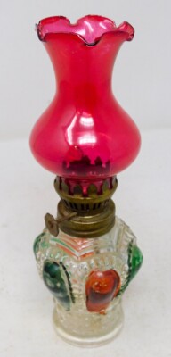 Multi-colored Pressed Glass Oil Lamp Red Chimney VTG Complete 8'' Tall
