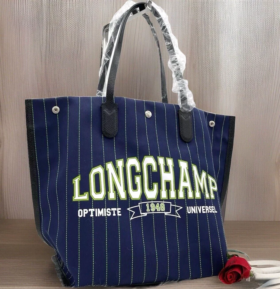Подлинный новый без ЯРЛЫКОВ новый $455 Longchamp необходимый университета полоски большой хлопок сумка с короткими ручками темно-синий