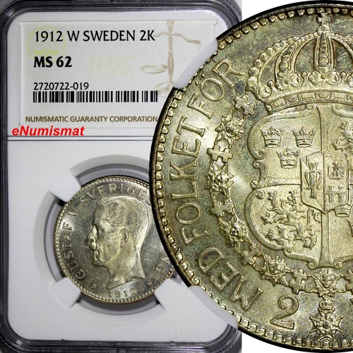 SWEDEN Gustaf V Silver 1912 W 2 Kronor NGC MS62 TOP GRADED  RARE  KM# 787 (019)
