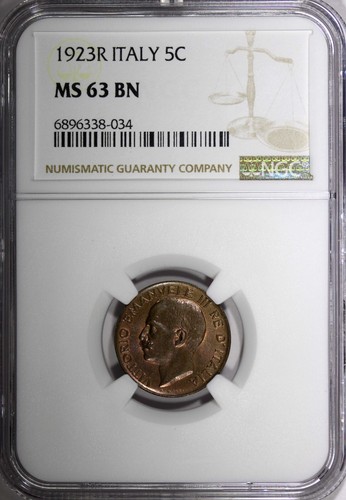 Italy Vittorio Emanuele III 1923 R 5 Centesimi NGC MS63 BN HIGH GRADE KM# 59 (4) - Picture 2 of 5