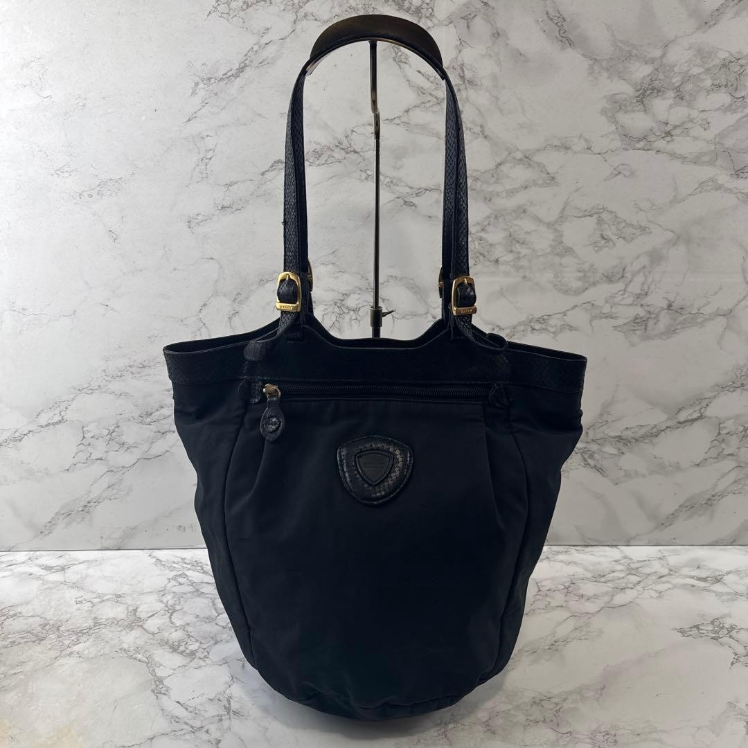 BALLY Nylon Python Embossed Leather Tote Bag Blac… - image 2