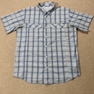 Columbia Hemd Herren Large blau weiß kariert Omni Shade Kurzarm Wandern Sport