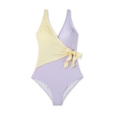 Kona Sol Womens XL (16) Purple/Yellow Stripe Front Wrap Full Coverage Swimsuit